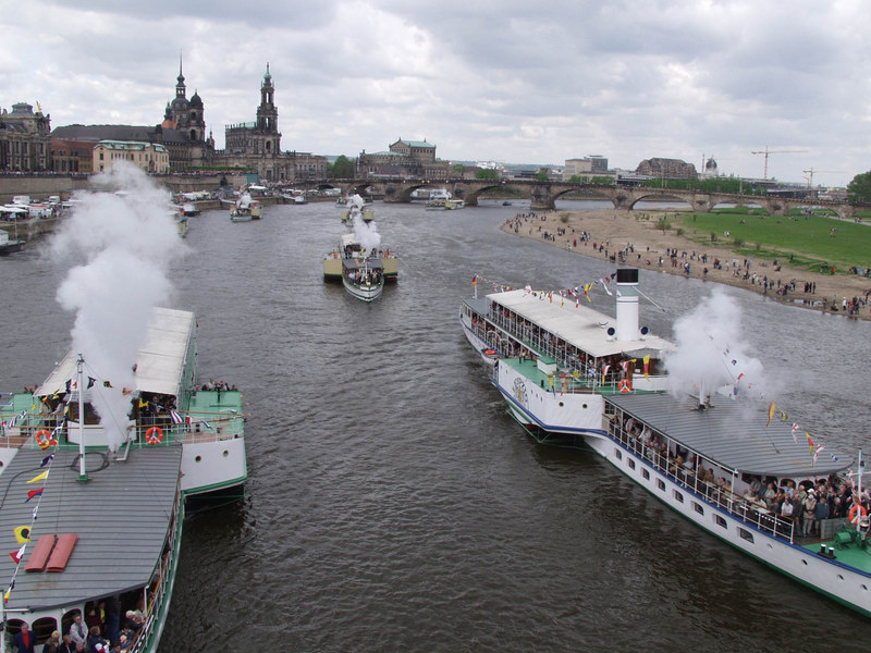 Tuut machen die Schaufelrad Dampfer auf der Elbe in Dresden bei der Dampferparade am ersten Mai